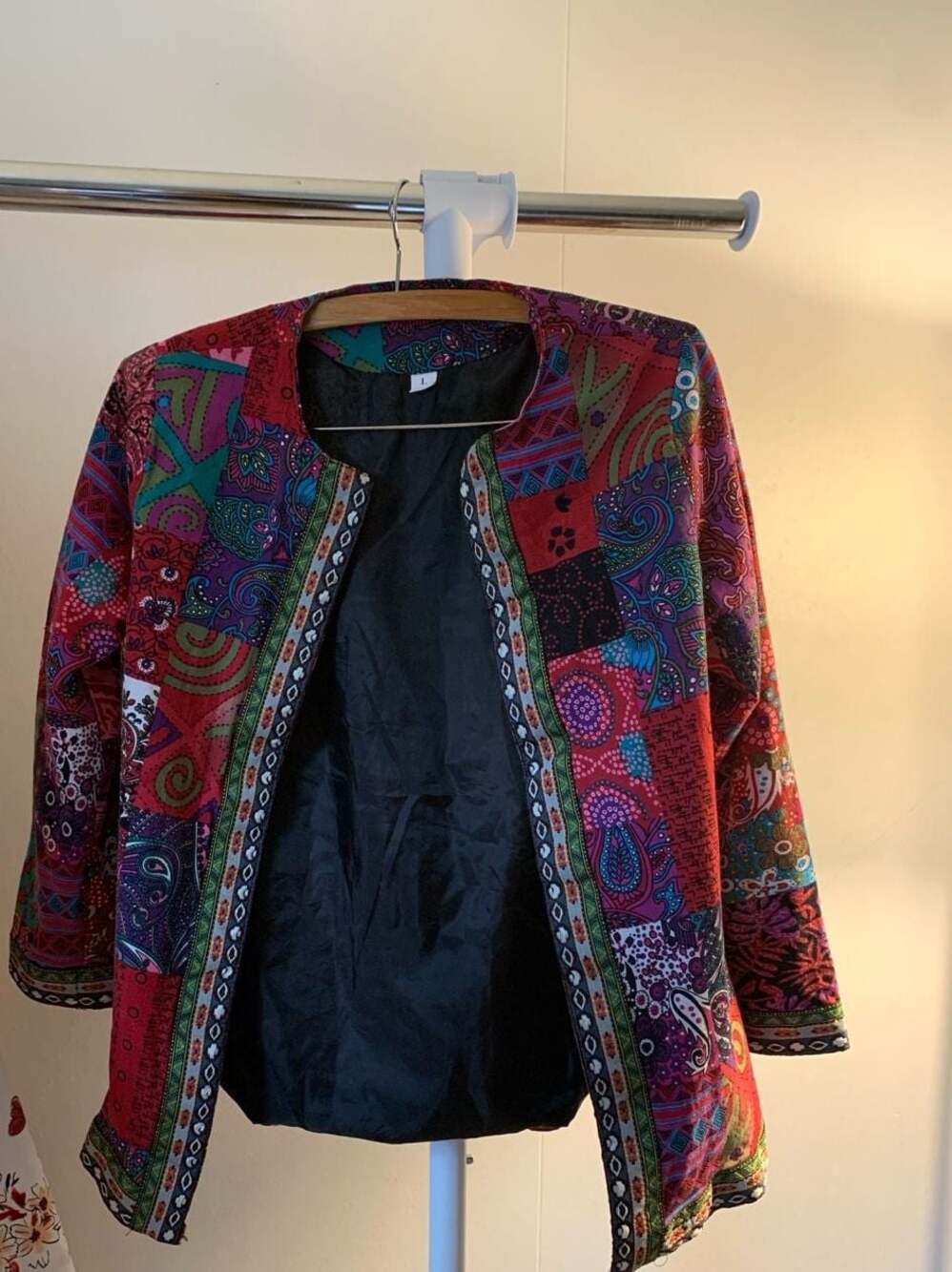 Womens  Large Red Geometric Pockets Open Blazer Cardigan. 100 percent cotton